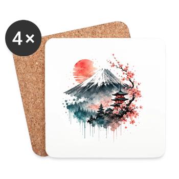 Fuji Sakura Pagoda Watercolor - Coasters (set of 4) - white - Front