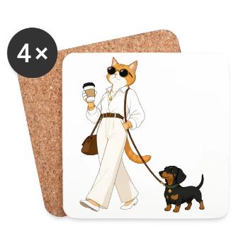Stylische Katze mit Dackel beim Kaffeespaziergang - Untersetzer (4er-Set) - Weiß - Vorne