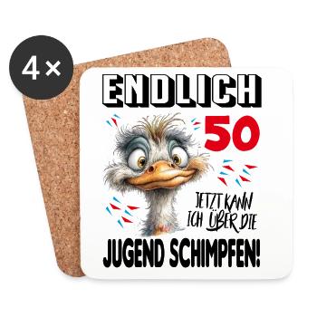 Endlich 50: Strauß Vogel Geburtstag Birthday - Untersetzer (4er-Set) - Weiß - Vorne