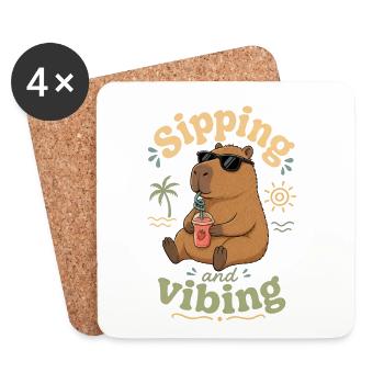 Sipping Cabybara Vibes on Beach - Coasters (set of 4) - white - Front