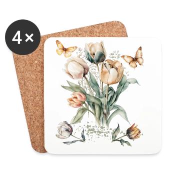 Vintage Tulip Bloom & Butterflies - Coasters (set of 4) - white - Front