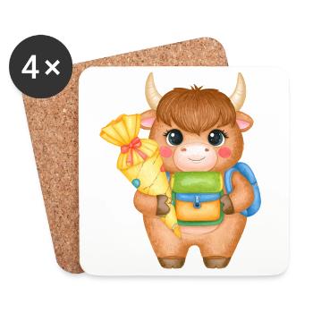 Vache Highland avec cône d’école et sacoche – École - Dessous de verre (lot de 4) - blanc - Devant