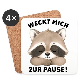 Klassentier Waschbär "Weckt mich zur Pause!" - Untersetzer (4er-Set) - Weiß - Vorne