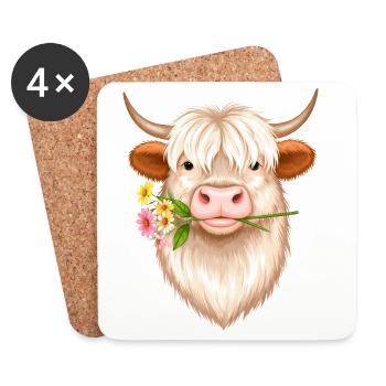 Coole Highland Kuh mit Blume – Schottenrind Art - Untersetzer (4er-Set) - Weiß - Vorne
