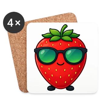 Kawaii Fraise avec lunettes de soleil Minimalisme - Dessous de verre (lot de 4) - blanc - Devant