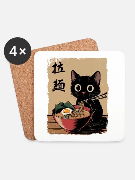 Vintage Ramen Nudeln Schwarze Katze Anime - Untersetzer (4er-Set) - Weiß