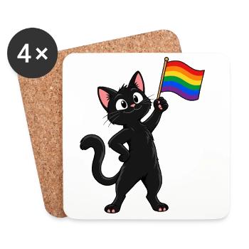 Pride-Katze mit Regenbogenflagge – Vielfalt - Untersetzer (4er-Set) - Weiß - Vorne