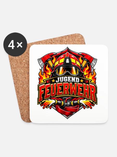 Jugendfeuerwehr mit Helm, Äxten und Flammen - Untersetzer (4er-Set) - Weiß