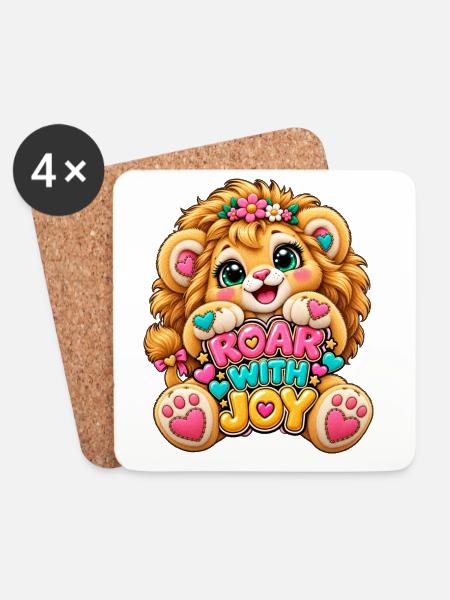 Kawaii Löwenbaby mit JOY Schrift - Untersetzer (4er-Set) - Weiß