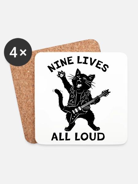 Nine Lives All Loud – Cat-Rock-Gitarre - Untersetzer (4er-Set) - Weiß
