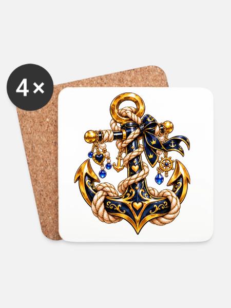 Goldener Anker mit Seil und Schmuck - Untersetzer (4er-Set) - Weiß