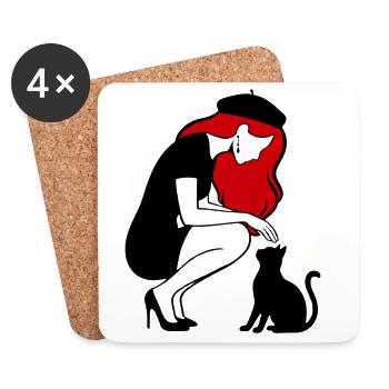 donna_con_capelli_rossi_basco_e_gatto_nero - Untersetzer (4er-Set) - Weiß - Vorne