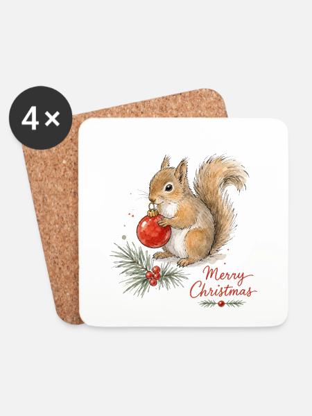 Weihnachtseichhörnchen mit Ornament - Untersetzer (4er-Set) - Weiß