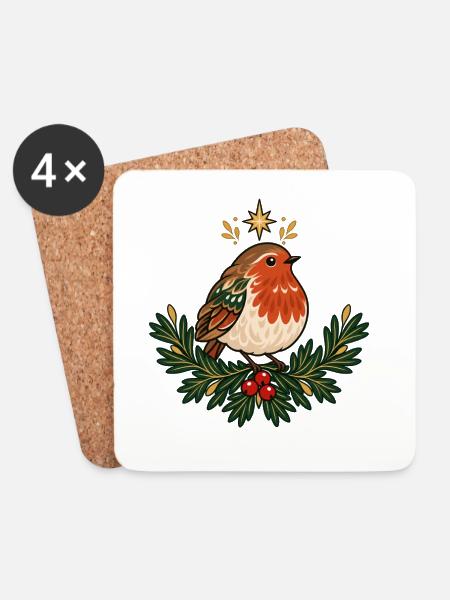 Waldrotkehlchen im Festkranz - Untersetzer (4er-Set) - Weiß