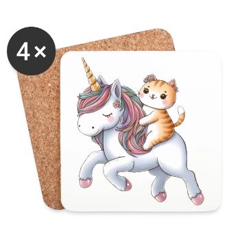 Petite licorne avec un chat comme cavalier - Dessous de verre (lot de 4) - blanc - Devant