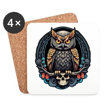 Dekorative Eule mit Skull und Rosenblüten - Untersetzer (4er-Set) - Weiß - Vorne