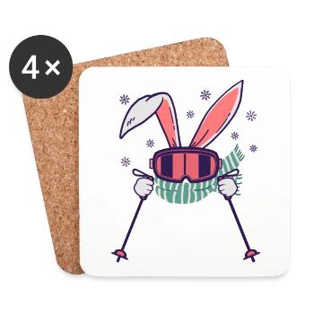 Skiing Rabbit with ski poles ski goggles scarf - Coasters (set of 4) - white - Front