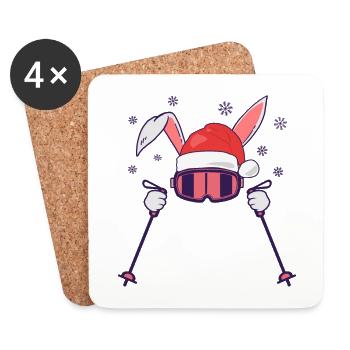 Skiing Santa Rabbit with Santa Hat and ski poles - Coasters (set of 4) - white - Front