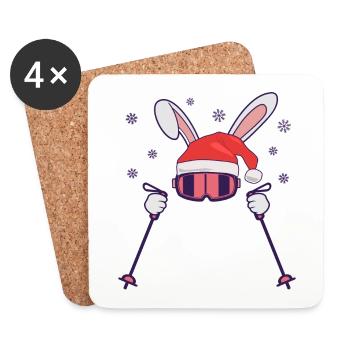Skiing Santa Rabbit with Santa Hat and ski poles - Coasters (set of 4) - white - Front