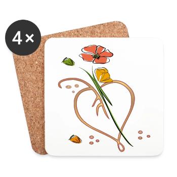 Fleurs, fleur avec feuille en forme de cœur - Dessous de verre (lot de 4) - blanc - Devant