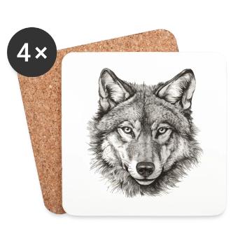 Wolf Wolfskopf Schwarz Weiß Gezeichnet Kunst - Untersetzer (4er-Set) - Weiß - Vorne