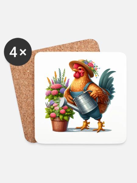 Huhn als Gärtner - Untersetzer (4er-Set) - Weiß