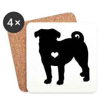 Pug Pug cadeau de propriétaire de chien battement de coeur - Dessous de verre (lot de 4) - blanc - Devant