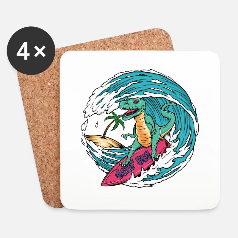 Surfender T-Rex - Untersetzer (4er-Set) - Weiß