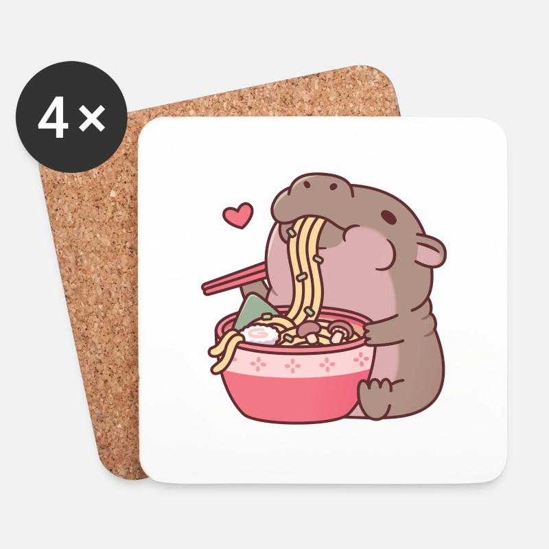 Süßes Zwergnilpferd schlürft an Ramen-Nudeln - Untersetzer (4er-Set) - Weiß