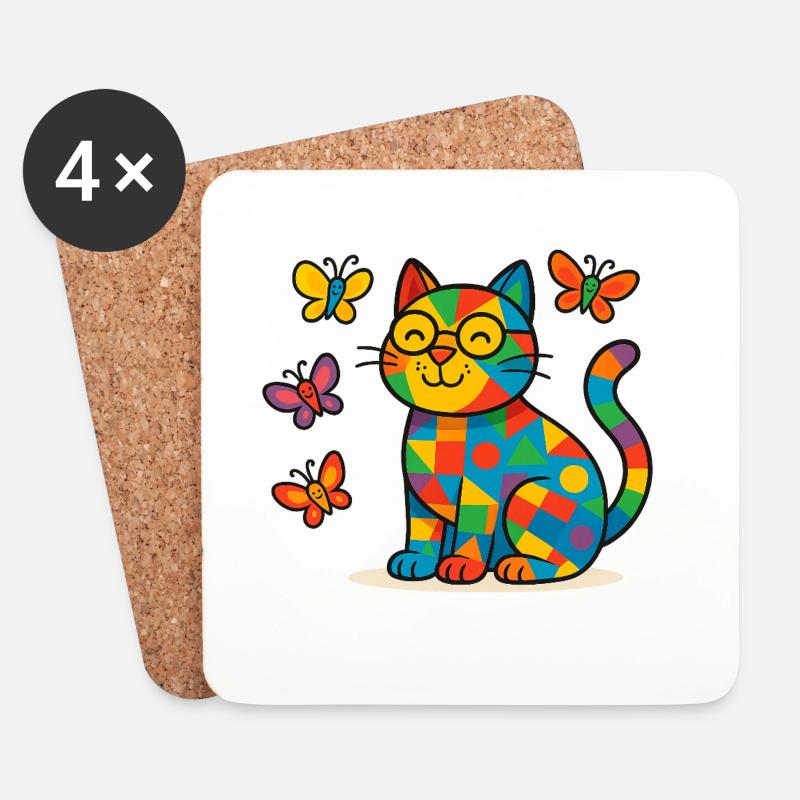 Patchwork-Katze mit bunten Schmetterlingen - Untersetzer (4er-Set) - Weiß
