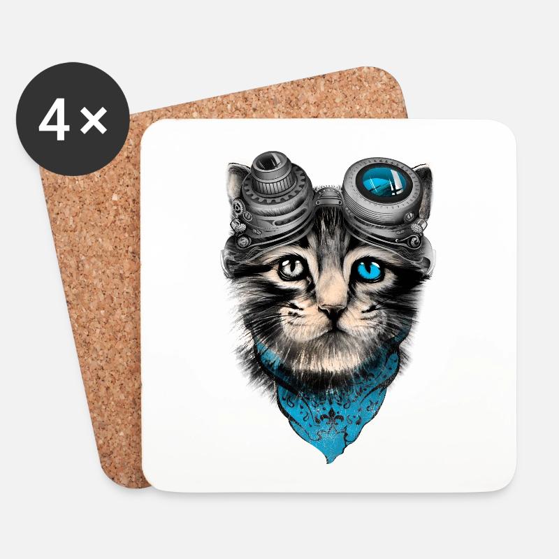 Steampunk-Katze - Untersetzer (4er-Set) - Weiß