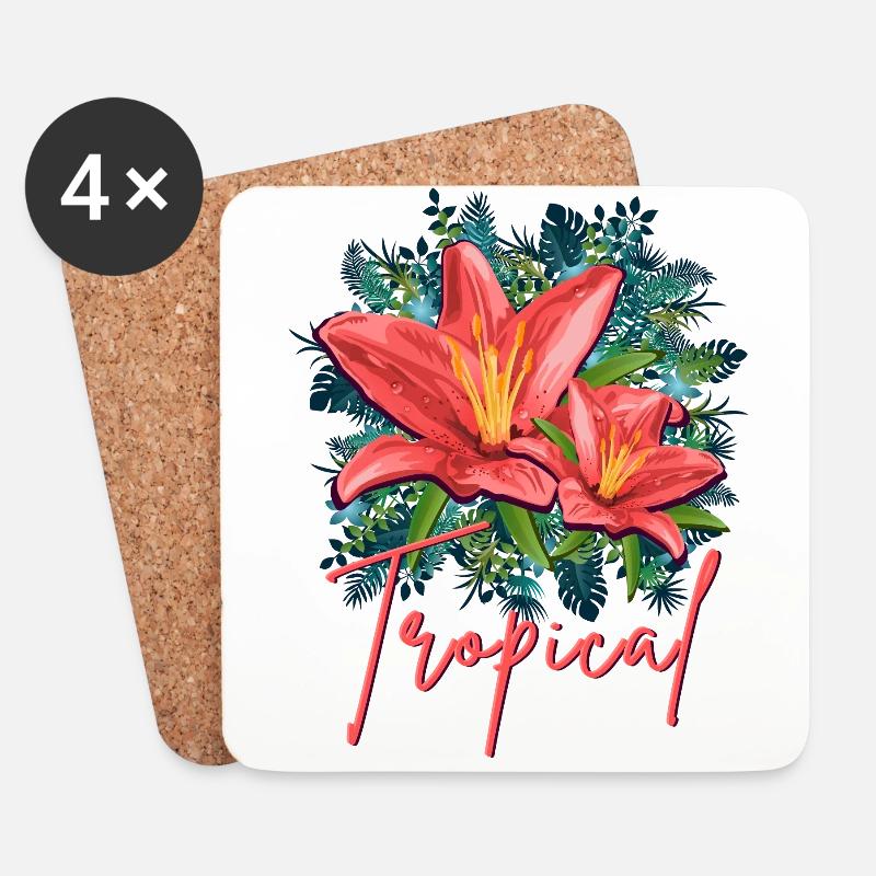 Jungle Leafs Tropical Design- Hibiskus + Dschungel - Untersetzer (4er-Set) - Weiß
