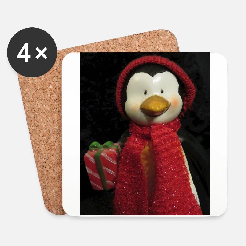 Pinguin mit Hut, Schal und Geschenk - Untersetzer (4er-Set) - Weiß