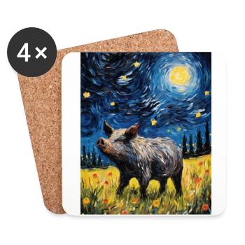 Sanglier, Van Gogh, Nuit Étoilée, Animal, Cochon - Dessous de verre (lot de 4) - blanc - Devant