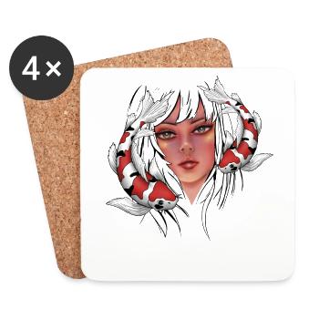 Fille dessinant avec la carpe koï - Dessous de verre (lot de 4) - blanc - Devant
