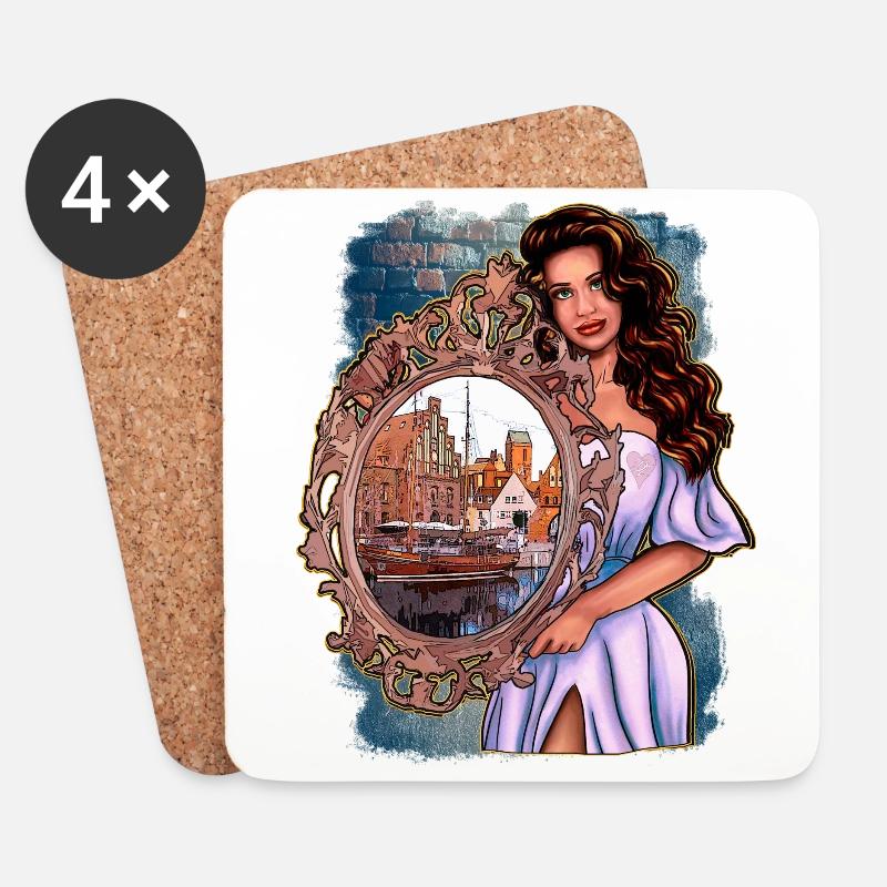 Wismar Illustration Frau mit Spiegel - Untersetzer (4er-Set) - Weiß
