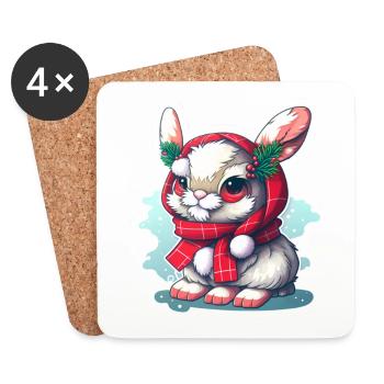 Lapin de Noël avec chapeau et foulard - Dessous de verre (lot de 4) - blanc - Devant