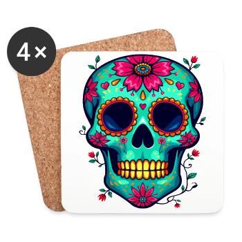 Crâne en sucre sarcelle – Artistic Dia de los Muertos - Dessous de verre (lot de 4) - blanc - Devant