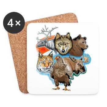Wolf, reindeer, bear, lynx, eagle, deer textiles - Coasters (set of 4) - white - Front