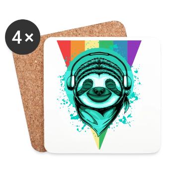 Sloth with headphones & rainbow - Coasters (set of 4) - white - Front