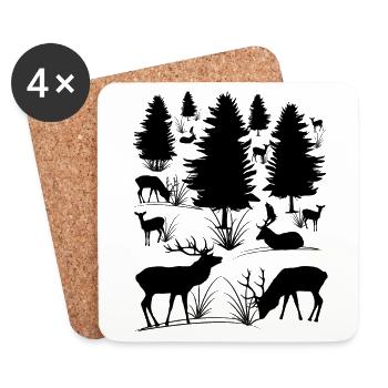 Deer and roe deer in the forest, deer, deer, trees, animals - Coasters (set of 4) - white - Front