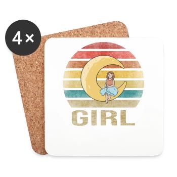 Little Girl Sitting on Half Moon Retro Sunset - Coasters (set of 4) - white - Front