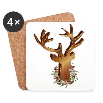 Deer head in wood look with Christmas wreath - Coasters (set of 4) - white - Front