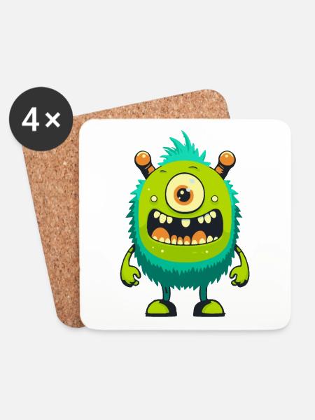 Monster Crash - Freches grünes Zyklopen Monster - Untersetzer (4er-Set) - Weiß