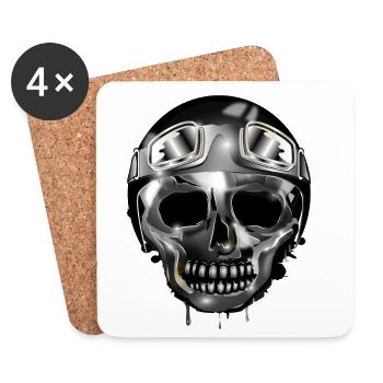 Chrom Schädel mit Retro Motorrad Helm und Brille - Untersetzer (4er-Set) - Weiß - Vorne