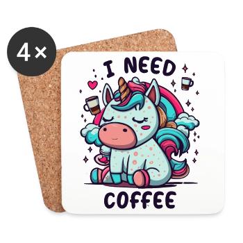 Sleepy Unicorn "I Need Coffee" - Untersetzer (4er-Set) - Weiß - Vorne