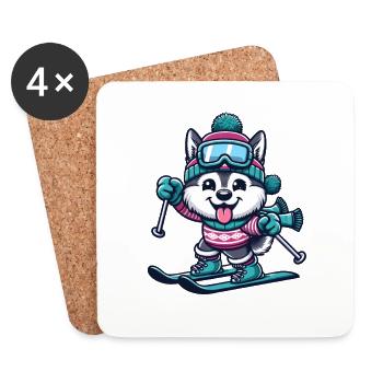 Husky on skis - Funny comic winter sports - Coasters (set of 4) - white - Front