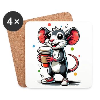 Dessin animé d’une souris joyeuse avec du café - Dessous de verre (lot de 4) - blanc - Devant