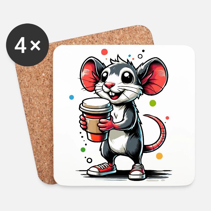 Cartoon einer fröhlichen Maus mit Kaffee - Untersetzer (4er-Set) - Weiß