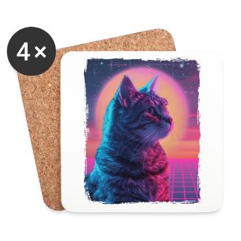 Lustige süße Retro Katze Tier 80er Jahre Neon Sonne fette Katze - Untersetzer (4er-Set) - Weiß - Vorne